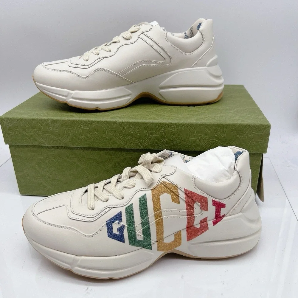 Gucci Rhyton Platform Calfskin Glitter Logo Womens Sneakers Mystic White EU 41 - Picture 4 of 16